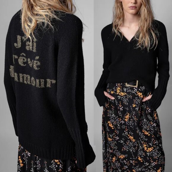 Zadig & Voltaire Valmy Reve D'Amour Vneck Jumper Sweater L 100% Merino Wool $358 - Picture 1 of 16